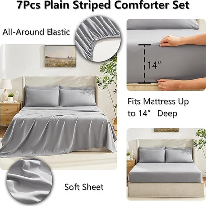 CozyLux King Size Comforter Set Grey, 7 Pieces Bed in a Bag, Gray Comforter King Size, All Season Bedding Sets with Stitch Quilted Comforter, Flat Sheet, Fitted Sheet, Pillowcases