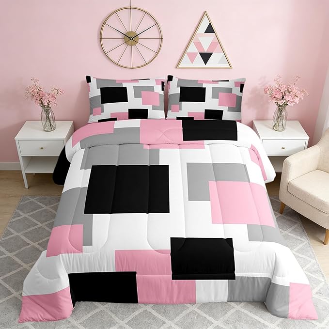 Castle Fairy Pink Black White Comforter Set King Size,Modern Abstract Down Alternative Adults Bedroom Decor,Geometric Grid Square Splicing Ultra Soft Microfiber Inner Fill 3Pcs Bedding
