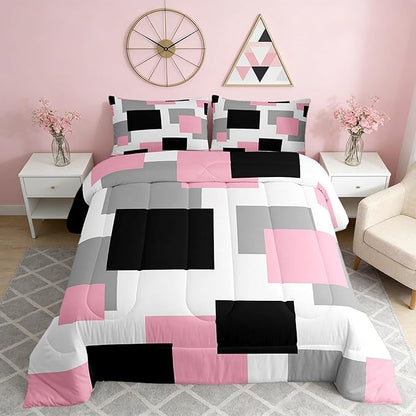 Castle Fairy Pink Black White Comforter Set Toddler Size,Geometric Grid Square Splicing Bedding Set for Kids Teens,Modern Abstract Down Comforter,2 Pcs 1 Pillowcase