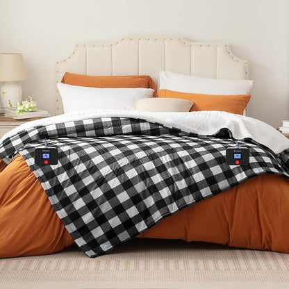 Westinghouse King Size Heated Blanket, Soft Flannel to Sherpa Electric Blanket with Dual Control 10 Heating Levels & 1 to 12 Hours Auto Off, Fast Heating, Machine Washable, 100 * 90 Inch, Black