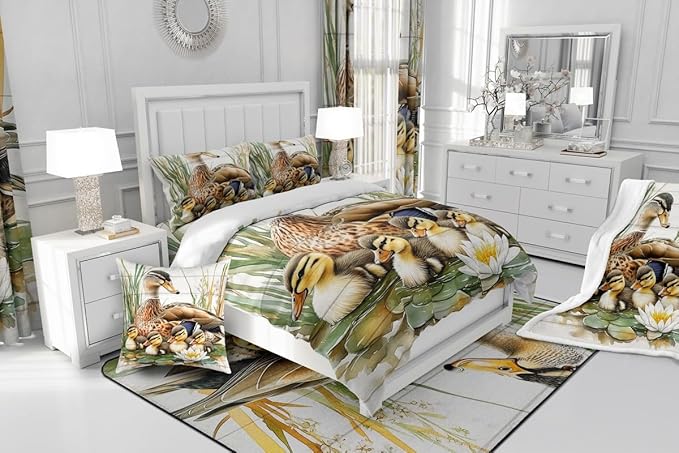 Manfei Animals Duck King Bedding Set,Kawaii Duck Family Comforter Set Reversible Bed Set KidsBedroom Decor,Natural Flowers Leaves 3 Pieces Quilt Set,Farmhouse Wooden Cabin Duvet Insert,2 Pillow Cases