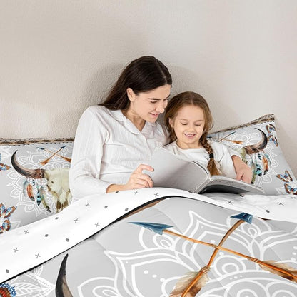 Western Bull Skull Comforter Set Twin Size,Tribal Arrow Feather Butterfly Bedding Set,Mandala Floral Print Quilt Set for Kids Girls Boys Room Decor,Vintage Boho Brown Grey Duvet Insert 2Pcs