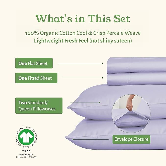 California Design Den Full Sheets Set - Soft 100% Organic Cotton Bed Sheets with Deep Pockets, Crisp Percale, Breathable and Durable Bedding Set - Lavender Mist
