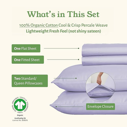California Design Den Full Sheets Set - Soft 100% Organic Cotton Bed Sheets with Deep Pockets, Crisp Percale, Breathable and Durable Bedding Set - Lavender Mist