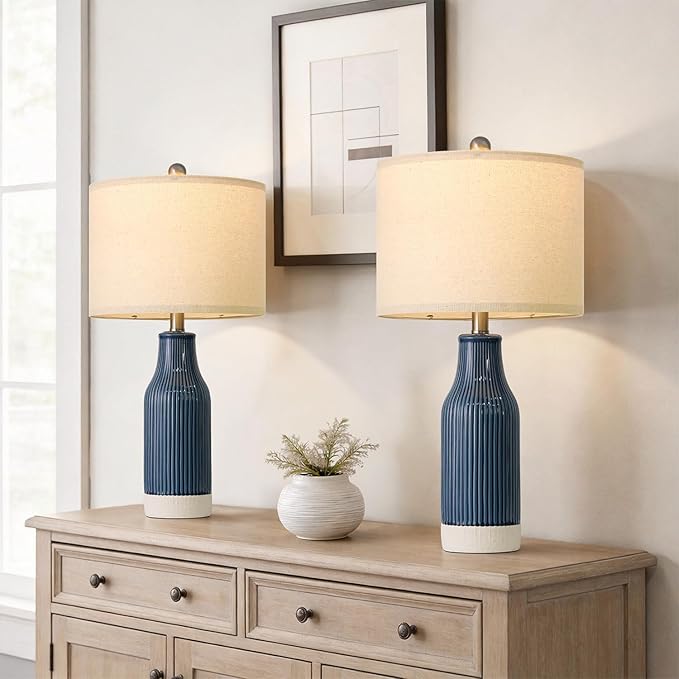 23.75" Modern Ceramic Table Lamps Set of 2, Stylish Bedside Lamps for Bedroom, Gorgeous Lamps for Nightstand, Lamps for Living Room, Farmhouse End Table Lamps, Blue Home Decor