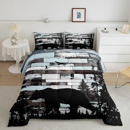 Feelyou Bear Print Bedding Set Wild Animal Comforter Set for Kids Boys Girls Hunting Theme Comforter Pine Trees Retro Quilt Set Bedroom Collection 2Pcs Toddler Size