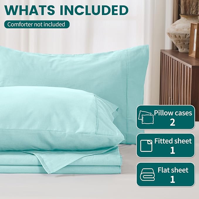 100% Linen Sheets Queen Size,Breathable & Durable 4-Piece Bed Flax Sheet Set,Soft All-Season Bedding for Hot Sleepers 16" Deep Pocket Oeko-TEX Certified,（Queen, Light Blue）