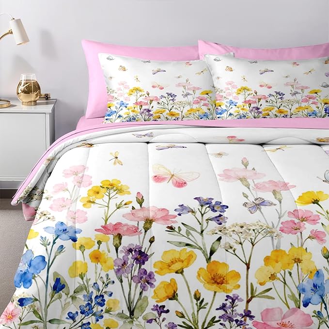 Nesker 7 Pcs Spring Comforter Set King Size, Pink Yellow Floral Bedding Set for Kids and Adults, Colorful Butterfly Bed Sheet Sets with Fitted Sheet 2 Pillowcases & 2 Shams
