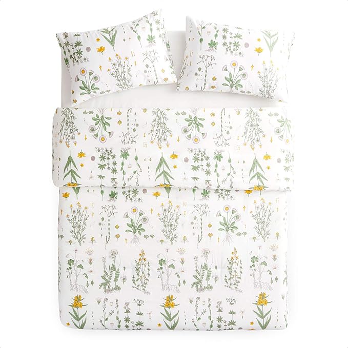 Wake In Cloud - Botanical Comforter Set, 100% Cotton Fabric, Floral Flower Cottagecore Neutral Shabby Chic Coquette Aesthetic, 3 Pieces Bedding Set, Yellow Green, Queen Size