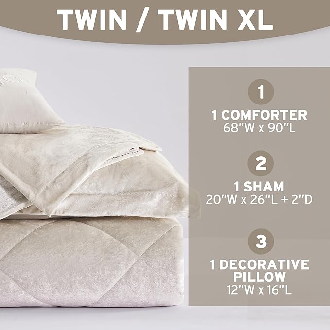 Intelligent Design Twin Comforter Set Velvet Comforters Twin Bedding Reversible, All Season, Diamond Quilted Bedding Microfiber Twin Size Comforters, Felicia, Twin/Twin XL, Champagne 3 Piece