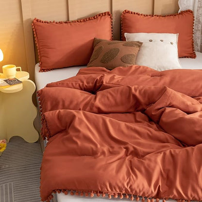 YIRDDEO Full Size Comforter Sets - Full Size Comforter with Ball Pom Fringe, Soft Bedding Set for All Seasons - 3 Pieces, 1 Comforter (79"x90") & 2 Pillow Shams(20"x26"), Terracotta