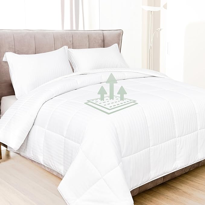 Elegant Comfort 3-Piece Stripe Cotton Comforter Set - 100% Egyptian Cotton Premium Hotel Quality - Box Stitched, All Season Down Alternative Duvet Insert with Corner Tabs, California King, White