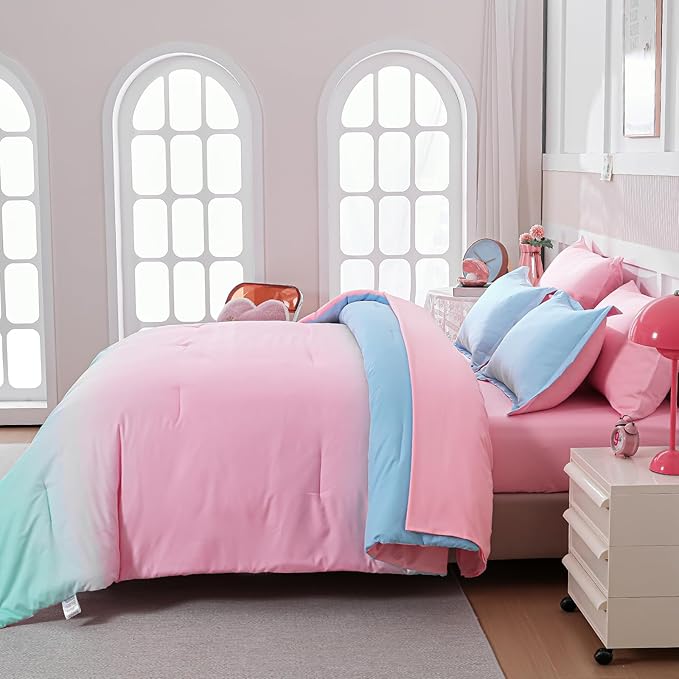 Drucon Comforter Set Twin for Teen Girl & Women, 6 Pieces Bed in A Bag Gradient Pink Green Bedding Set (1 Comforter, 1 Flat Sheet, 1 Fitted Sheet, 1 Pillow sham, 2 Pillowcases)