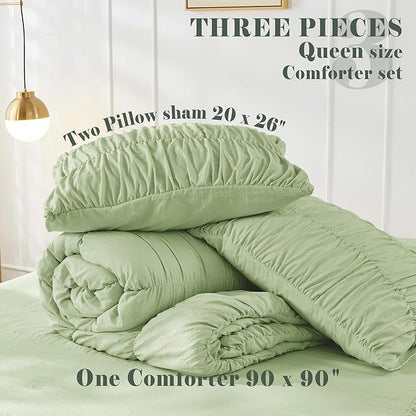 Bonlino Queen Comforter Set Green Bedding - Ruched Comforter Queen Size Bed Set Boho Shabby Chic Bedding for Bedroom Comforter Fluffy 3 Piece Ruffle Comforter Set Sage Green