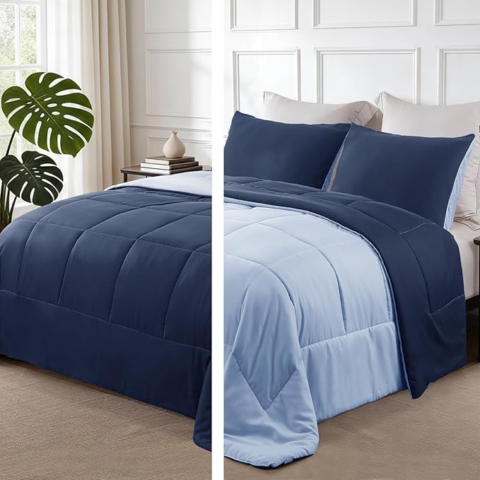 Exclusivo Mezcla Lightweight Reversible Twin Size Comforter Set, Down Alternative Comforter with 1 Pillow Sham, Twin Size Bedding Set for All Seasons, Navy/Blue