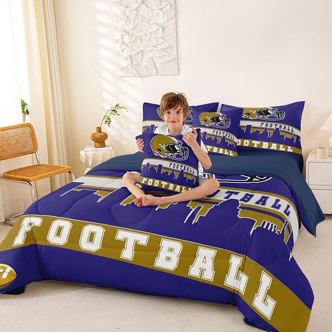 Erosebridal Football City 7 Pcs Comforter Set Queen Football Bedding for Kids Purple Rugby Game Sheet Set Bed in A Bag Football Fans Bedroom Decor Sports Ball Competition Bed Set