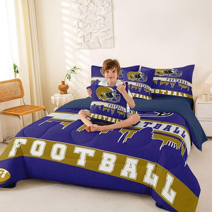 Erosebridal Football City 7 Pcs Comforter Set Full Football Bedding for Kids Purple Rugby Game Sheet Set Bed in A Bag Football Fans Bedroom Decor Sports Ball Competition Bed Set