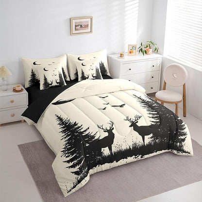 Erosebridal King Size Rustic Deer Comforter Set with Sheets 7 Pcs | Forest Cute Moose Wild Animal Bedding Set for Kids Boys Girls Farmhouse Cabin Lodge Bed in A Bag Tree Moon Woodland Quilt Sets