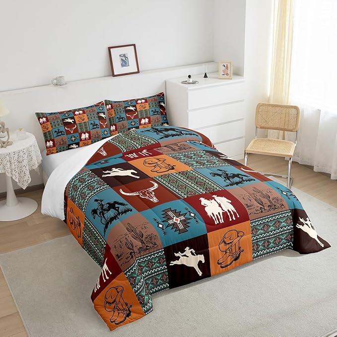 Southwestern Cowboy Bedding Sets Twin Size,Boho Aztec Tribal Cactus Print Comforter Set for Kids Girls Boys Adult Room Decor,Vintage Colorful Geometric Check Print Quilt Set,1 Pillowcase
