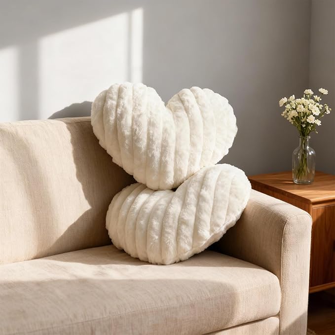 2 Pcs White Heart Throw Pillows, 16 Inch Soft Fluffy Heart-Shaped Comfort Pillows with Calming Texture, Hug Pressure for Relaxing Moments, Ideal for Sofa, Reading, and Naps (White)