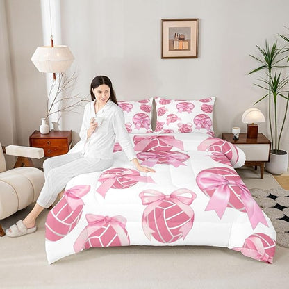 Bowknot Volleyball Comforter Set Full Size,Pink Bow Knot Print Bedding Sets 3Pcs for Kids Girls Women Room Decor,Ball Sport Games Theme Down Comforter Cute Cartoon Girly Quilted Duvet,2 Pillowcases