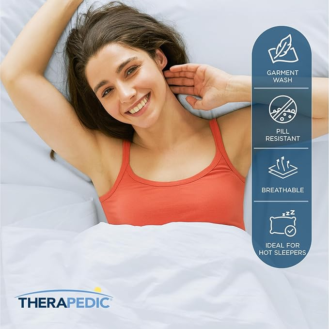 Therapedic 100% Egyptian Cotton Queen 6-Piece Sheet Set – Naturally Cooling & Breathable Sateen, Preshrunk Garment Wash, 16" Deep Pocket Fitted Sheet, Bonus Pillowcases, Soft & Durable - Light Blue