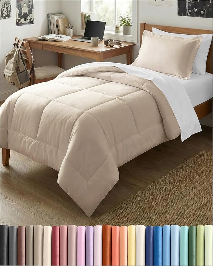 Twin XL Comforter Set - 2 Piece Bed Set for All Seasons - 1 Soft Quilted Comforter with Corner Tabs & 1 Pillow Sham - Comfy & Breathable - Premium Down Duvet Insert - Oeko-TEX - Twin XL Size, Wheat