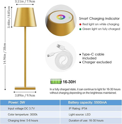 2-Pack LED Cordless Table Lamp with RGB & Stepless Dimming, 3W 5500mAh Rechargeable Desk Lamps Battery Operated Table Light Stepless Dimmable Portable Table Lamp for Table/Bedroom/Outdoor (Gold)