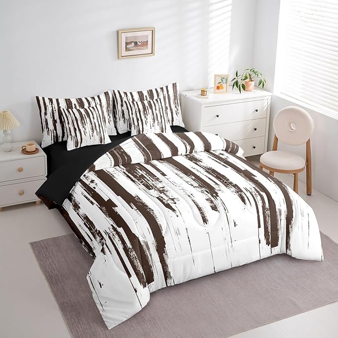 Erosebridal 7Pcs Khaki Abstract Geometric Queen Comforter Set for Women Men Adults,Boho Watercolor Bed in A Bag,Graffiti Ink Painting Modern Art Stripes Striped Quilt Set with Pillowcases