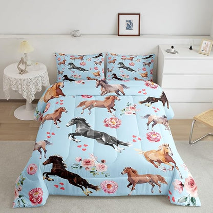 Horse Comforter Set King for Cowboy Cowgirl,Southwest Rose Petal Bedding Set for Youth Adult,Rustic Horse Quilt Set for Bedroom Decor,Vintage Farmhouse Wildlife Down Comforter with 2 Pillowcases