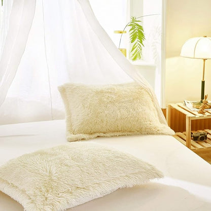 Joyreap 3-Piece Plush Shaggy Comforter Set, Queen Size Luxury Faux Fur Velvet Warm Fluffy Bedding Set for All Season (Cream White, 88x88 inches)