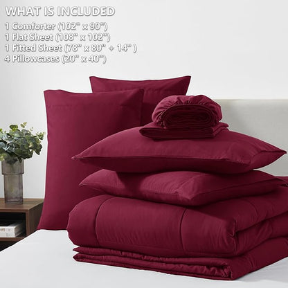 CozyLux King Size Comforter Set Burgundy, 7 Pieces Bed in a Bag, Red Comforter King Size, All Season Bedding Sets with Stitch Quilted Comforter, Flat Sheet, Fitted Sheet, Pillowcases