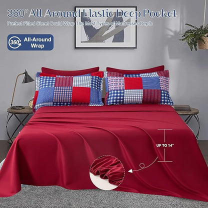 Comforter Set Queen Size Plaid Patchwork Comforter Bedding-7 Piece Bed in a Bag,Soft Reversible Microfiber Bedding Set(1 Comforter,1 Flat Sheet,1 Fitted Sheet,2 Pillowcases,2 Pillow Shams)Red Blue