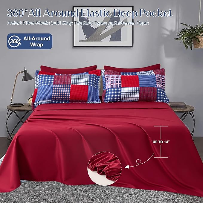 Comforter Set King Size Plaid Patchwork Comforter Bedding-7 Piece Bed in a Bag,Soft Reversible Microfiber Bedding Set(1 Comforter,1 Flat Sheet,1 Fitted Sheet,2 Pillowcases,2 Pillow Shams)Red Blue