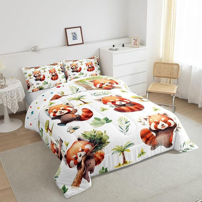 Manfei Cute Raccoon Kids Comforter Sets Queen Size,Cartoon Animal Bear Bedding Comforter Sets,Botanical Plants Quilt Sets for Boys Adult Bedroom Decor,Lovely Raccoon Duvet Insert with 2 Pillowcases
