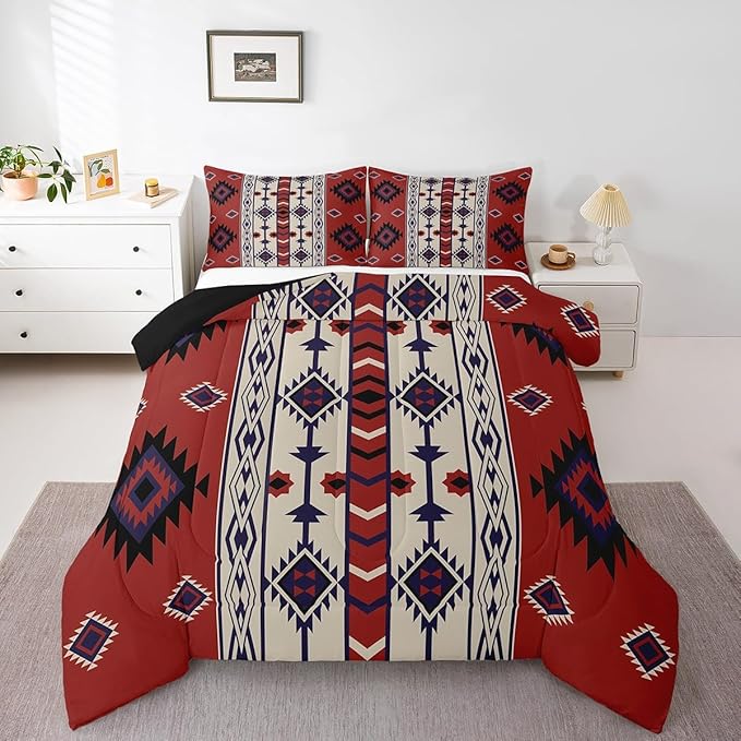 Erosebridal Western Boho Bedding Sets Toddler Vintage Red Brown Aztec Quilt Set American Native Southwestern Comforter Set for Boys Adults Men,Southwest Ethnic Tribal Geometric Diamond Bed Duvet Set