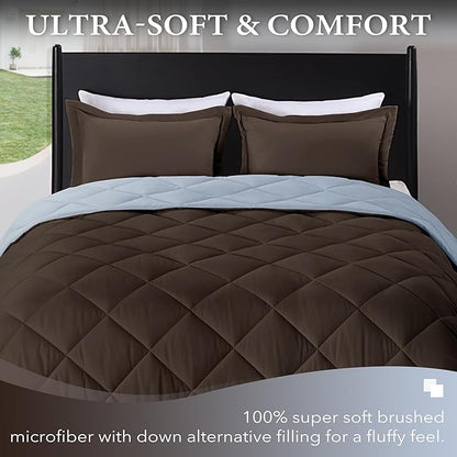 downluxe Queen Comforter Set - Brown and Blue Queen Comforter, Soft Bedding Sets for All Seasons -3 Pieces - 1 Comforter (88"x92") and 2 Pillow Shams(20"x26")