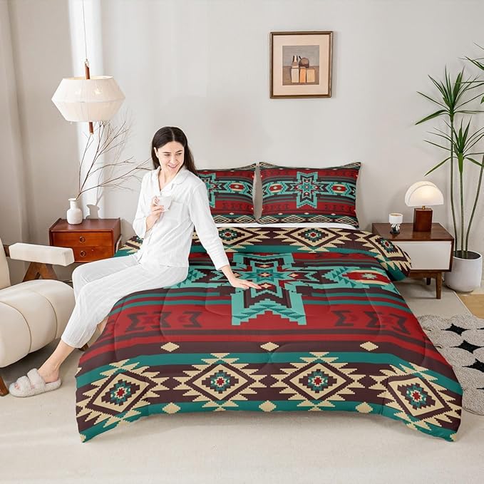 Western Comforter Set King Size,Southwest Tribal Bedding Set Retro Aztec Pattern Quilted Duvet 3pcs for Kids Girls Boys Women Room Decor,Brown Red and Cyan Stripes Duvet Insert,2 Pillowcases