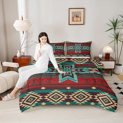 Western Comforter Set Queen Size,Southwest Tribal Bedding Set Retro Aztec Pattern Quilted Duvet 3pcs for Kids Girls Boys Women Room Decor,Brown Red and Cyan Stripes Duvet Insert,2 Pillowcases