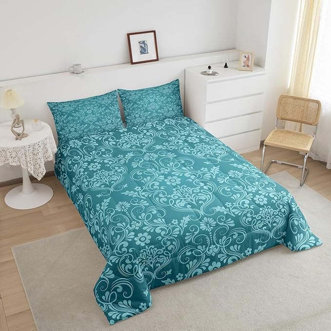 Feelyou Adults Teal Vintage Damask Floral Comforter Set Oriental Antique Comforter Queen Size Gothic Bohemia Boho Flower Bedding Set Bohemian Exotic Duvet Set Quilt Set 3Pcs