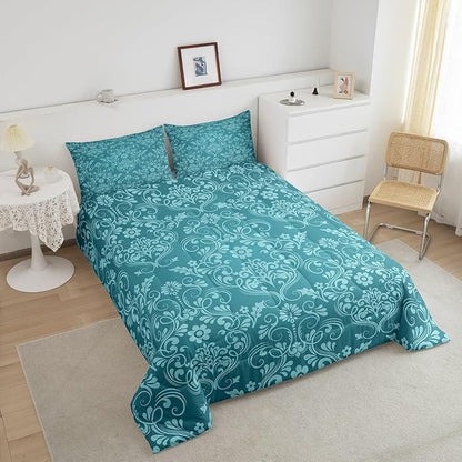 Feelyou Adults Teal Vintage Damask Floral Comforter Set Oriental Antique Comforter King Size Gothic Bohemia Boho Flower Bedding Set Bohemian Exotic Duvet Set Quilt Set 3Pcs