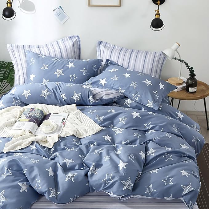 Blue Cotton Comforter Queen Size 3Pcs - White Doodle Style Stars on Denim Blue Front, Gray Stripes on Back, Reversible Lightweight Bedding Sets with Soft Fill(Queen, 90"×90")