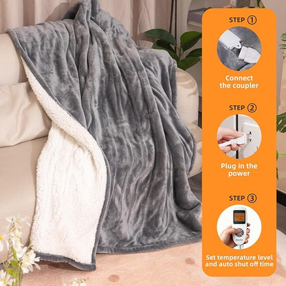 RAINOVA Heated Blanket Electric Throw, Electric Blanket-84''x90'', Soft Heating Blanket, 10-Level Heating, 10-Hour Auto-Off, Gifts for Parents and Elders, Gray, ETL & FCC Certified