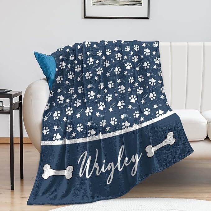 Artsadd Personalized Paw Print Dog Blanket with Pets Name, Custom Name Blanket for Small Dogs, Flannel Puppy Blanket, Memorial Gifts for Loss of Dog, Pet Loss Sympathy Remembrance Gifts