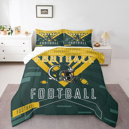 Feelyou Football Bedding Set Boys Girls Twin Size Women Men Football City Comforter Rugby Sports Duvet Quilt Green Yellow Room Decor