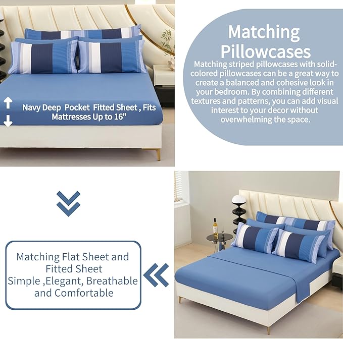 RYNGHIPY Navy Blue Comforter Set Full Size: 8 Pieces Bedding Set Colorblock Stripe Lightweight Soft All Season Comforter Sets with Sheets Pillowcases (Full,Navy)