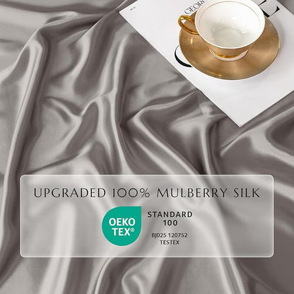 THXSILK 100% Mulberry Silk Fitted Sheet Set, 7A+ Silk 3 Pieces Bed Sheets, Breathable, Smooth, 16 Inch Deep Pocket Fitted Sheet, 2 Pillowcases - Grey, King