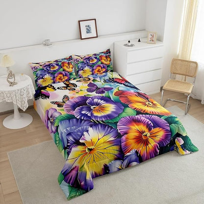 Erosebridal Flower Butterfly Girls Bedding Sets King Garden Pansy Floral Bed Comforter Set Rustic Farmhouse Spring Comforter Set Pastoral Country Blossom Quilt Duvet Purple Yellow Room Decor