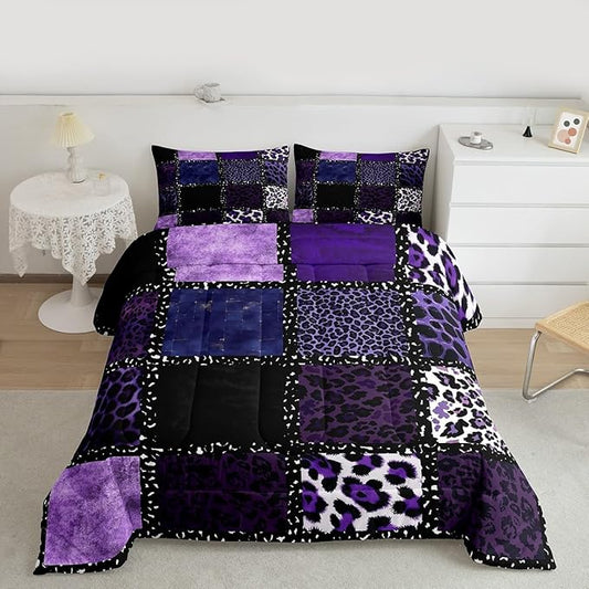 Erosebridal Purple Leopard Print Queen Comforter Set for Kids Teens Adults,Animal Skin Texture Bedding Set,Patchwork Geometric Duvet Insert,Farmhouse Bed Set for All Season