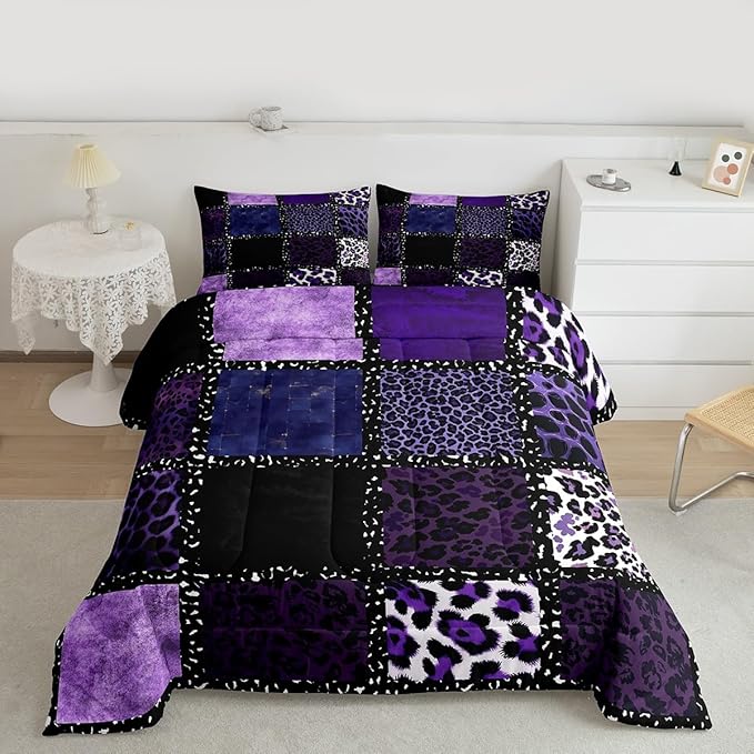 Erosebridal Purple Leopard Print Twin Comforter Set for Kids Boys Girls,Animal Skin Texture Bedding Set,Patchwork Geometric Duvet Insert,Farmhouse Bed Set for All Season